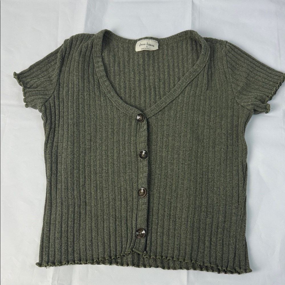Free Kisses Olive Green Ribbed Crop Top